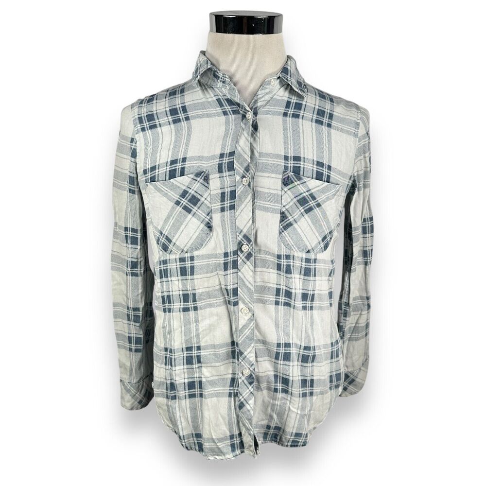 Rails Flannel‎ Shirt Women’s Small White & Pale Blue Plaid Button Up Light